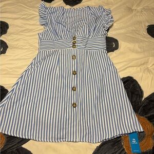 Blue and White Striped Dress with Buttons